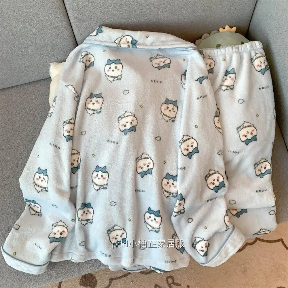 Usagi الفتيات سميكة ملابس المنزل 2 قطعة لطيف النساء الشتاء أفخم منامة مجموعة الكرتون Chiikawa Hachiware Kawaii ملابس نوم دافئة