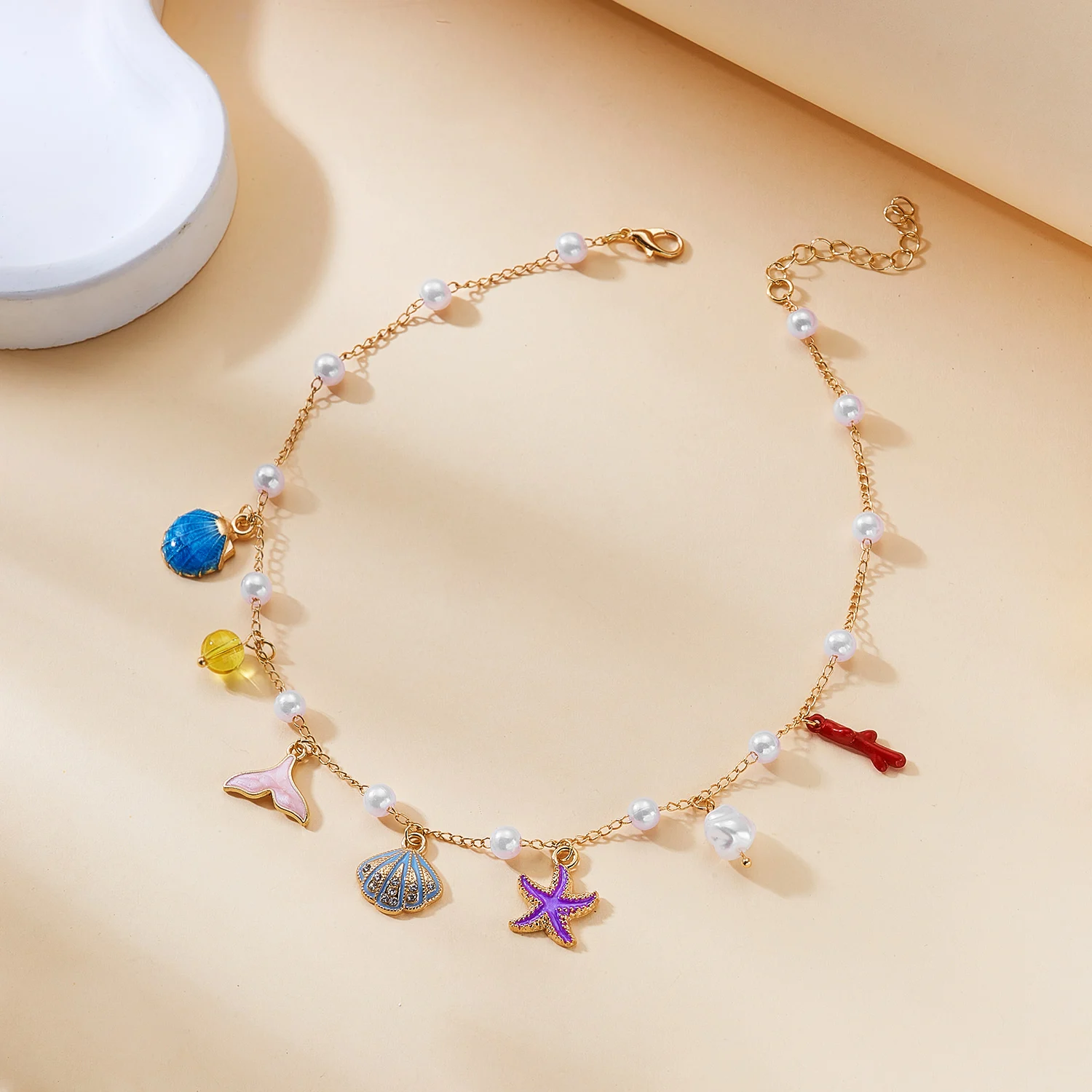 Böhmische handgefertigte Mehrfach-Anhänger-Halskette für Damen – Seestern, Muschel, Krabben-Kette, Choker – Trendiger Ozean-Strand-Urlaubsschmuck – Detail 5