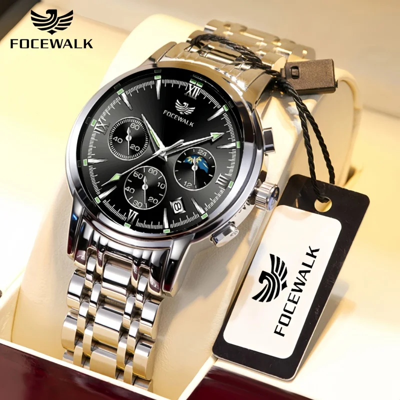 Men's Calendar Quartz Watch FOCEWALK Luxury Chronograph Stainless Steel Wristwatches Business Waterproof Clock Relogio Masculino