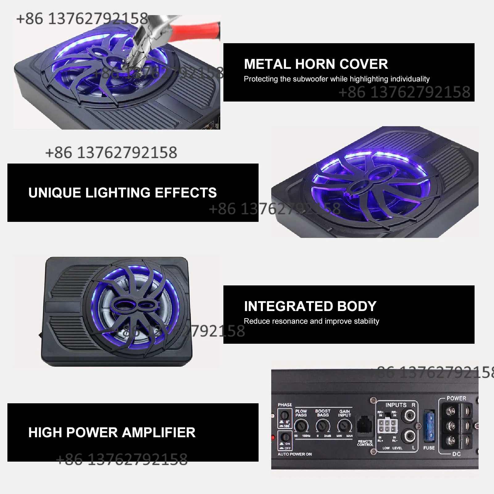 10in 800W Slim Underseat Car Powered Subwoofer LED Light Excellent Heat Dissipation Auto Audio Bass Speaker