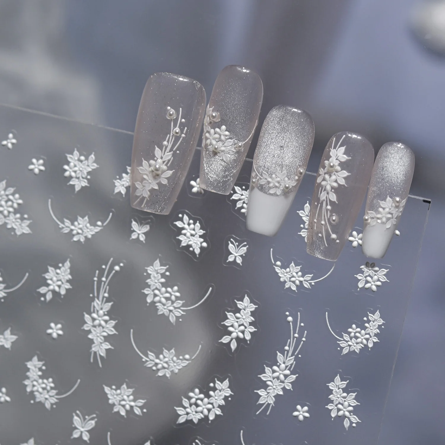 White Flower Branches 5D Nail Stickers Clusters Petal Leaves Vines Butterfly Embossed Decals French Gentle Floral Nail Art