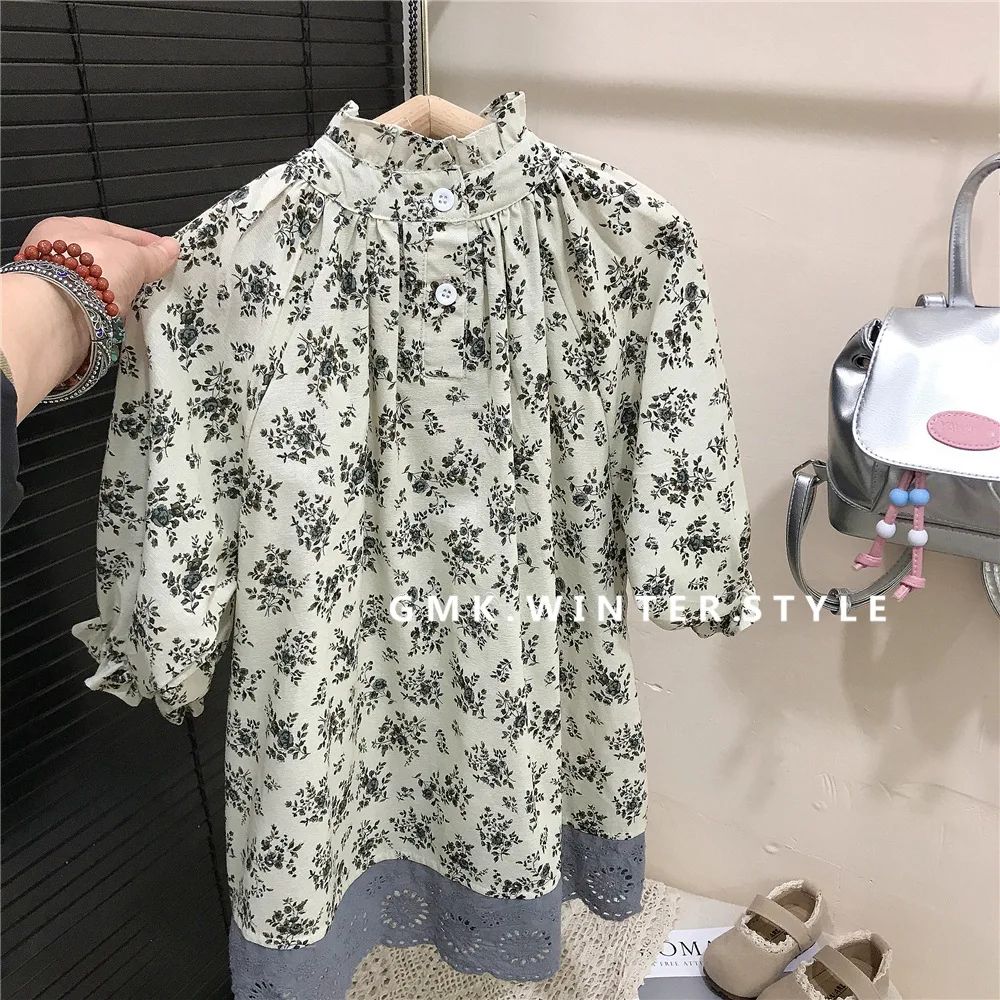 2026 Spring Retro Children Girls Dress Cotton Floral Printed Spliced Hem Babys Girls Dress 1-8Y Kids Girl Soft Long Sleeve Dress