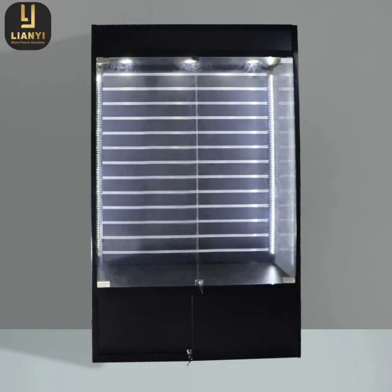 custom.alloy slatted wall storage glass display cabinet with LED lighting, lockable black glass display cabinet