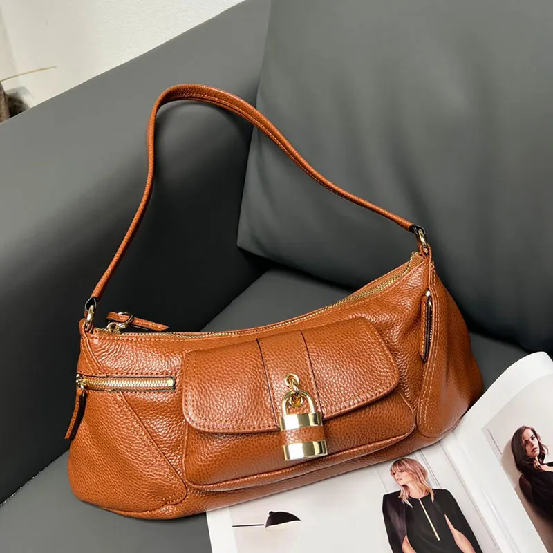 

Autumn Winter Runway Saddle Bag Cowhide Retro Metal Lock Underarm Bag Women Latest Pocket Handbag Modern Brown Shoulder Bag 2024