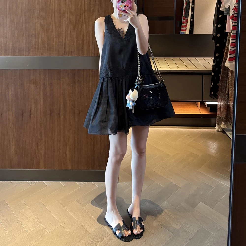 

Кружевное кружевное женское платье Y2k, темпераментное элегантное пригородное платье без рукавов с v-образным вырезом, новинка 2024, ранняя осень