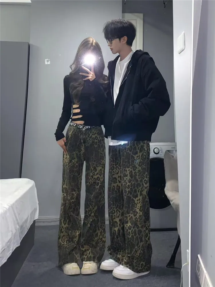 

American High Street Leopard Print Wide Leg Jeans Women's Autumn Winter High Waist Loose Slimming Extended Length Casual Style
