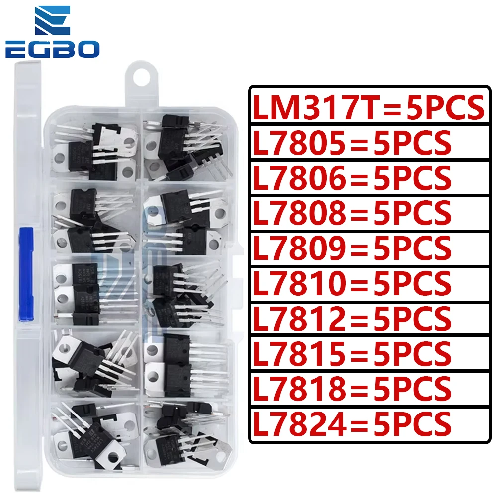 50PCS 10-Piece Voltage Regulator IC,TO-220 Package Linear Regulators Including LM317T, L7805CV, L7806, L7808, L7809, L7810, L781