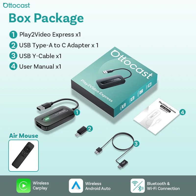 Ottocast 2026 Play2Video Express Draadloze CarPlay Adapter voor Auto AI Box Draadloze Android Auto Adapter Plug & Play YouTube Netflix Spotify IPTV Snelle verzending vanuit Frankrijk