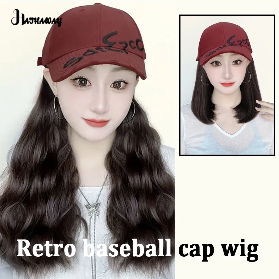 Topi bisbol Retro Wig sintetis, topi Wig pemakaian harian, topi wajah kecil, rambut keriting, riak, rasa asing, ledakan sintetis