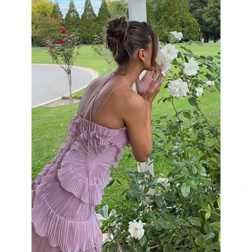 

Elegant Ruffled Pleated One-Shoulder Long Dress For Women Party Vacation