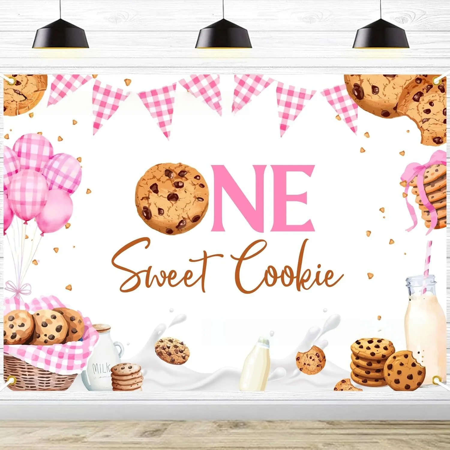 

Sweet Cookie Vinyl Party Backdrop for Girls One Year Birthday Decorations Pink Balloons Photography Booth Background Props