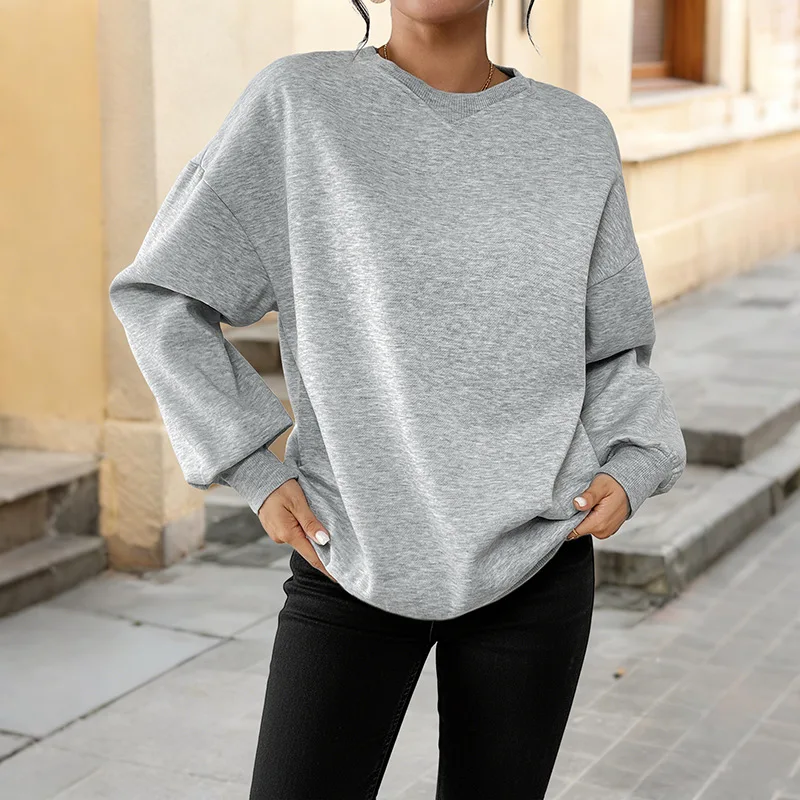 

2025 Autumn Winter New Casual Style Tops Mid-length Loose Velvet Round Neck Light Gray Sweatshirt for Women