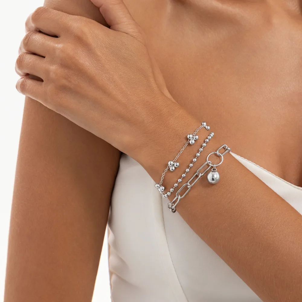 3Pcs Set Hip Hop Simple CCB Ball Drop Charm Multi‑Layer Bracelet Fashion Thin Metal Bead Chain Stackable Wrist Jewelry for Women