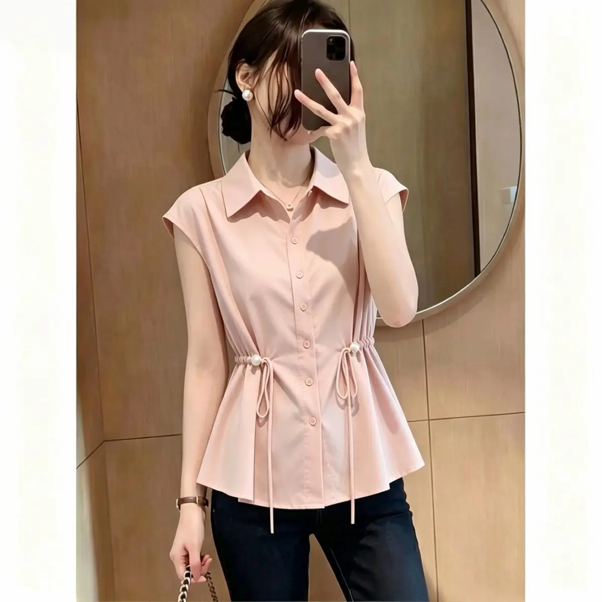 Slim Fit  Neck Short Sleeve Shirt Pure Color Waist-Cinching Design Fashionable Summer New Style plus Size Women's Top