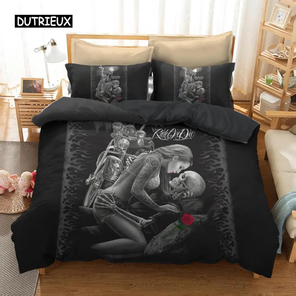 

Black Duvet Cover Human Skeleton Bedding Set Horror Skull Motorcycle And Beauty Duvet Cover Single Double Queen King Size Decor