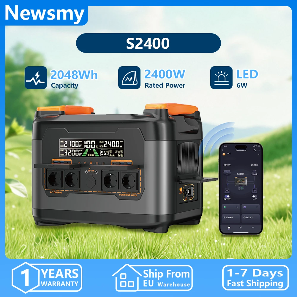 Station d'alimentation portable Newsmy S2400, générateur solaire 2048Wh, batterie LiFePO4 2400W, charge rapide, batterie de secours pour la maison