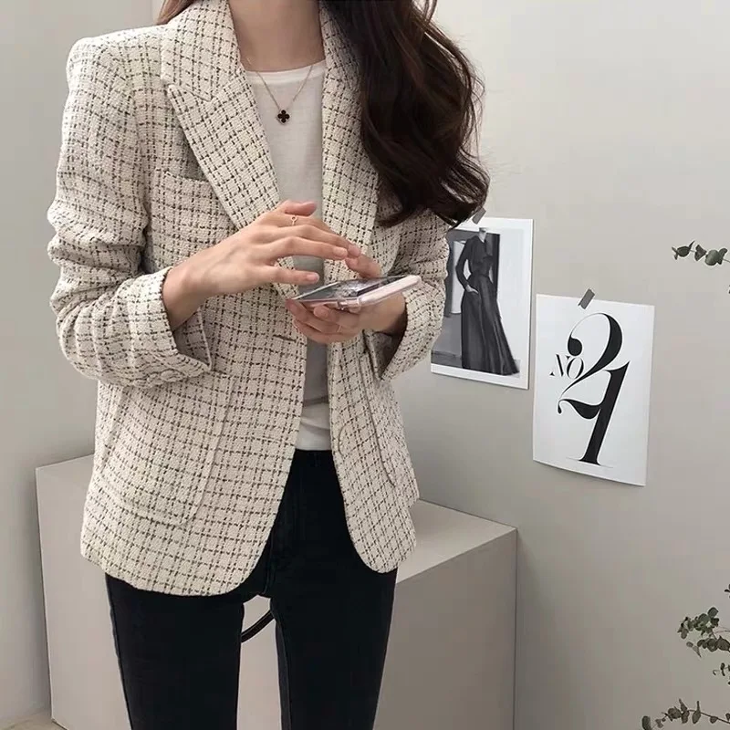 

Chic ort Women's Korean Sle Plaid White Small Fraance Sle Spring Autumn New Retro Polyester Suit Coat