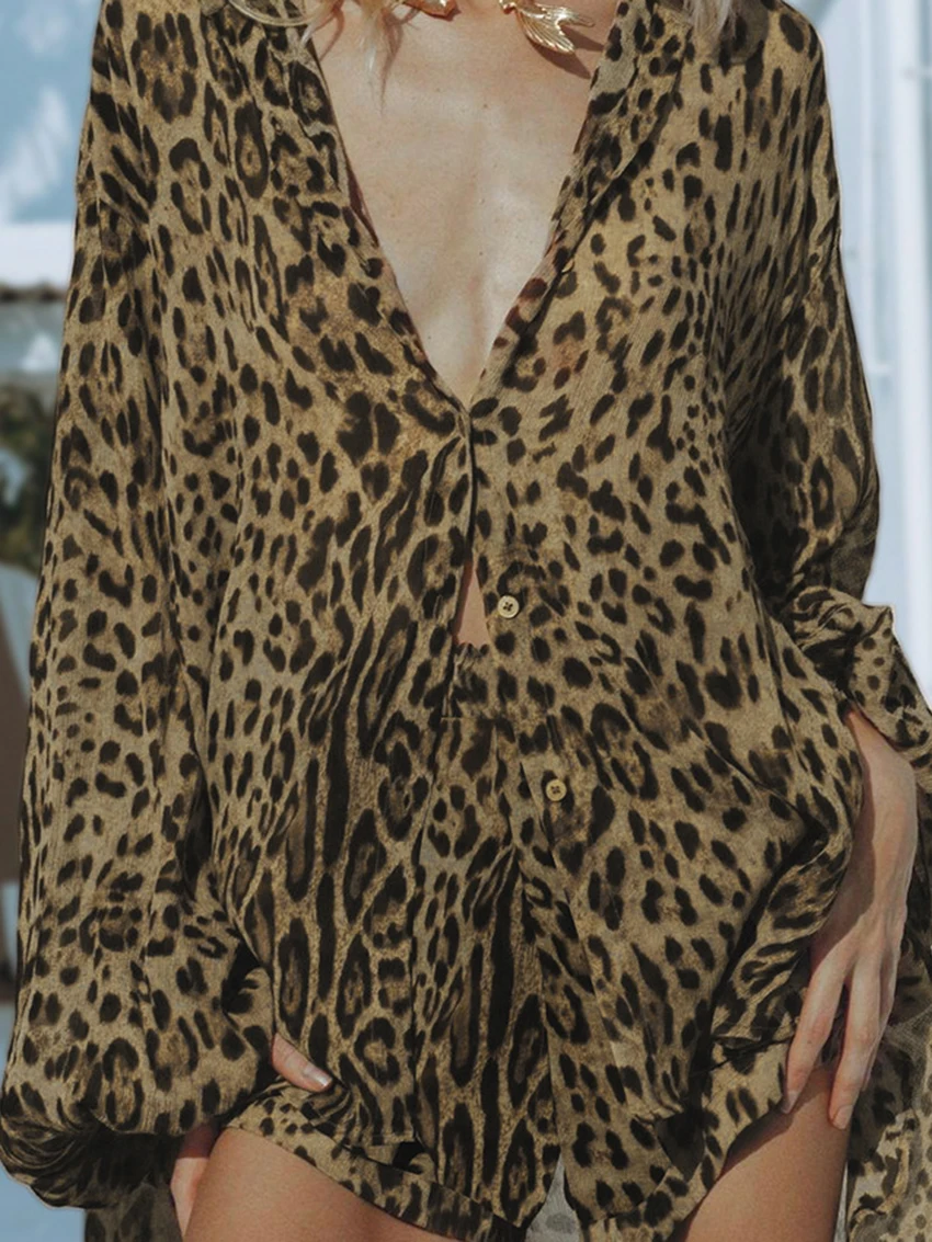 Marthaqiqi 2024 New Leopard Print Ladies Pajama Suit Sexy V-Neck Sleepwear Long Sleeve Nightwear Shorts Summer Women Nightie Set