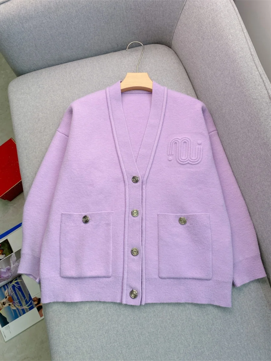 Faionable violet clair tricoté ouvert Cardigan coupe ample printemps 2025 Quali brodé femmes longue Sve v-ne pull