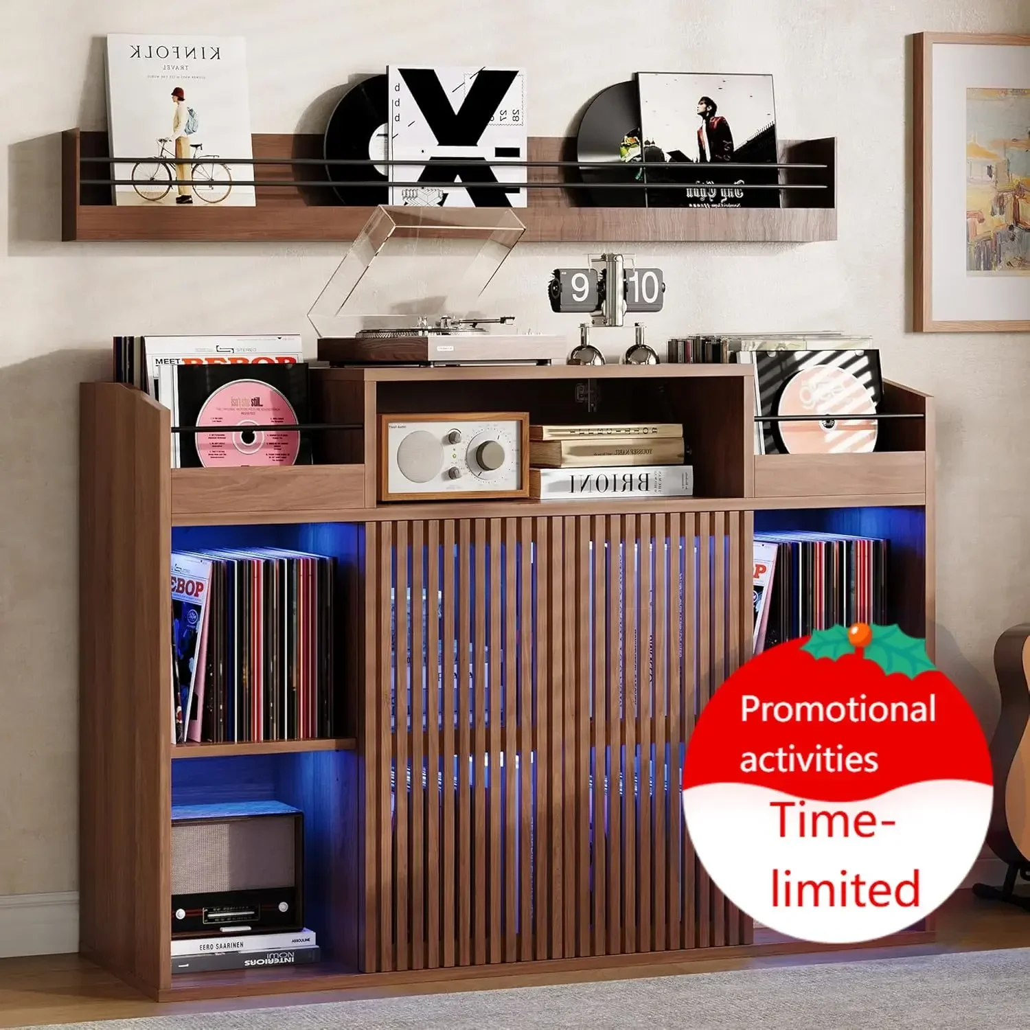Luxury Record Player Stand with Storage, Holds 1500+ Vinyl Records, Large Record Storage Cabinet with Sliding Doors & Charging S