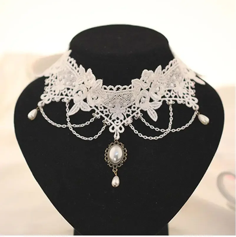 White Imitation Pearl Lace Choker Necklace Women's Bridal Punk Style Tassel Jewelry Wedding Tattoo Pendant Accessory