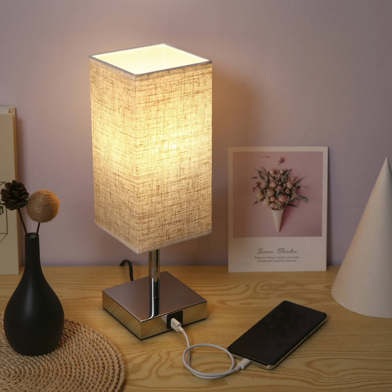 2 Packs Fabric Bedside Table Lamp Nightstand Lamp with LED Bulb Desk Light Touch Control USB A Type C Charging Ports