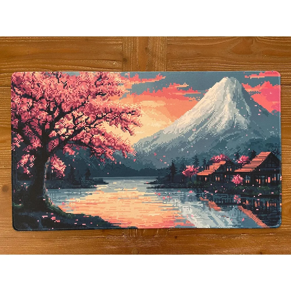 Pixel Art Mount Fuji Cherry Blossom Sunset Lake TCG Playmat Retro Japanese Pixel Landscape Premium Rubber Large Gaming Desk Mat
