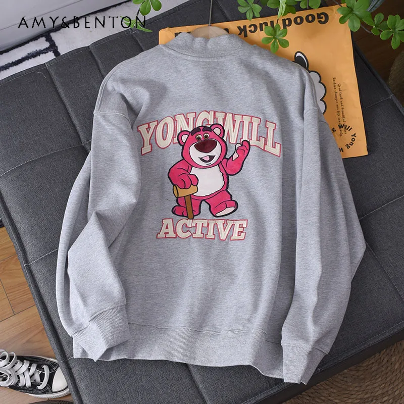 Potdemiel 2024 Autumn Winter Cotton Terry Cartoon Embroidered Baseball Uniform Jacket Cardigan Coat For Women's Kawaii Chaquetas