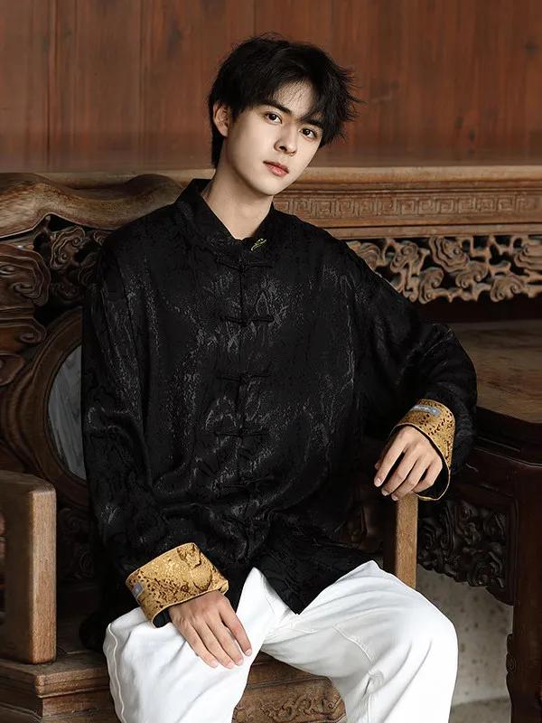 

New Chinese Sle Long Sve Men's irt Satin Embroidered Tang Suit Spring Autumn Outerwear Improved Hanfu Loose Fit Casual...