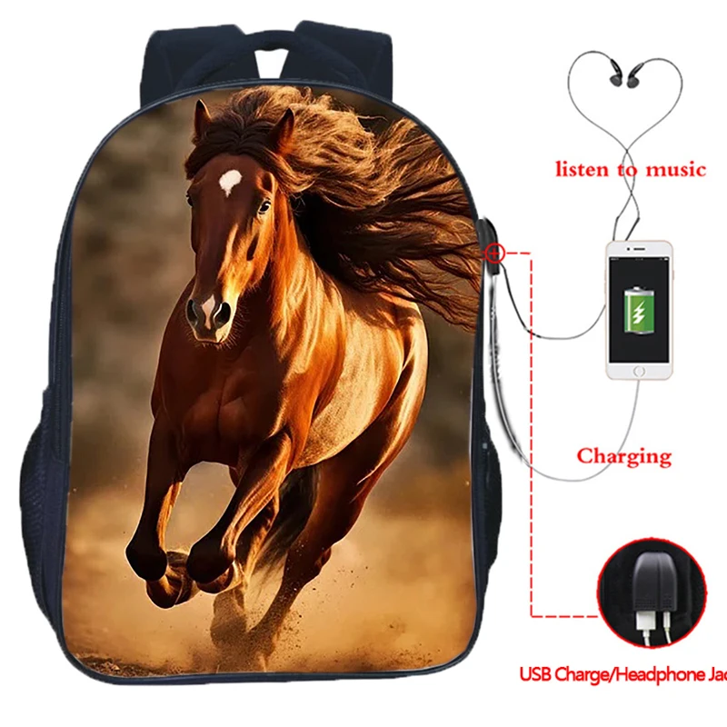 Grande Capacidade Correndo Cavalos Mochila, USB Charge, Saco de Viagem para Adolescentes, Escola Secundária Schoolbag, Laptop, 16"