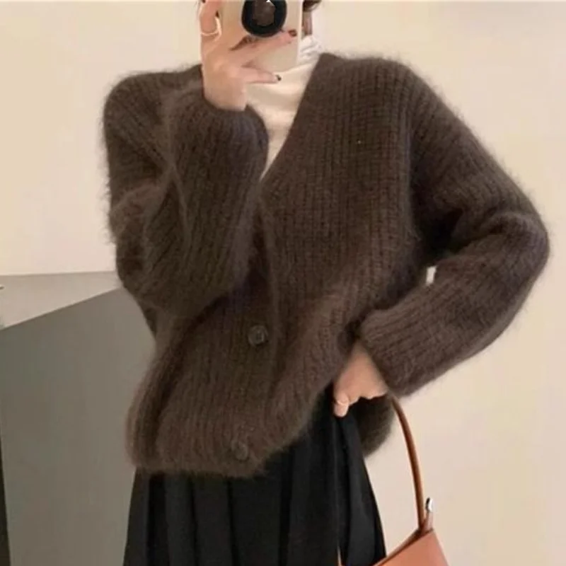 

V Neck Long Sleeve Knit Cardigan Soft Women's Sweater Fashion Casual Comfortable Short Style Top Japanese Style Cotton Cardigan