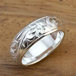 Huitan Delicate Floral Pattern Caved Women Rings Wedding Bands Silver Color Unique Gift for Lady Aesthetic Flower Finger Jewelry