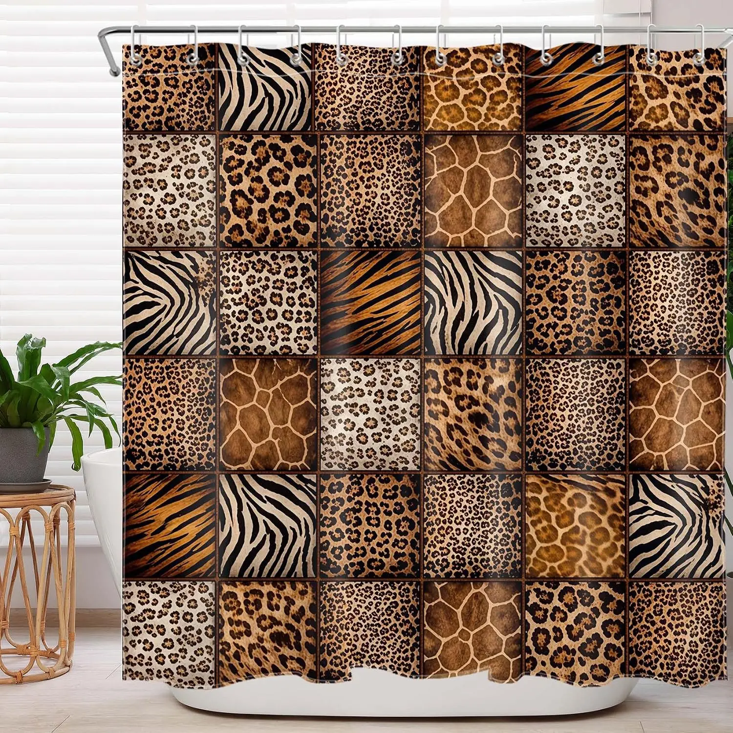 Mixed Wildlife Skin Shower Curtain, Patchwork Animal Fur Square Tiles Art Print Waterproof Bath Curtain Complete With Hooks