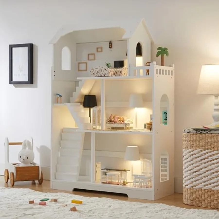 

Wooden Dollhouse Bookshelf Toddler Doll House Bookcase Extra Space Toy Storage Book Shelf 3Tier Dollhouse Pretend Play Toy Hous