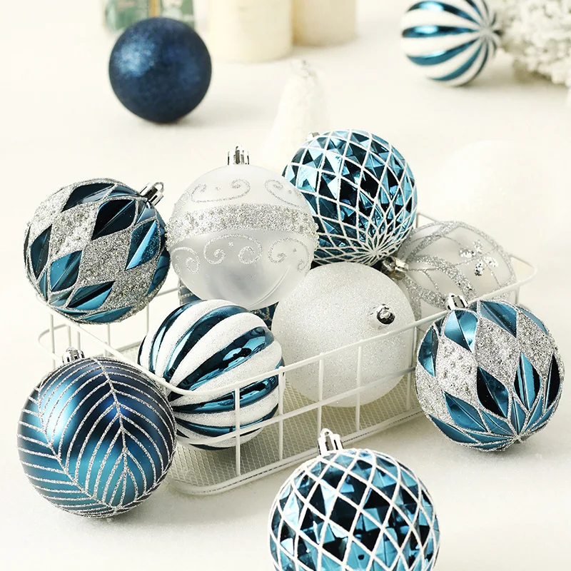 زينة عيد الميلاد الجديدة الأزرق الأبيض والفضي على شكل غير منتظم رسمت الكرة الحلي مجموعة شجرة عيد الميلاد معلقة الملحقات