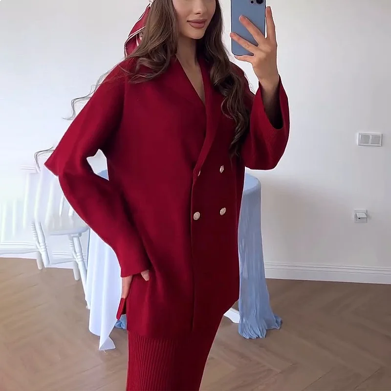 Women's Knit Cardigan Two Piece Set Solid Color Office Outfit Matching Skirt Set