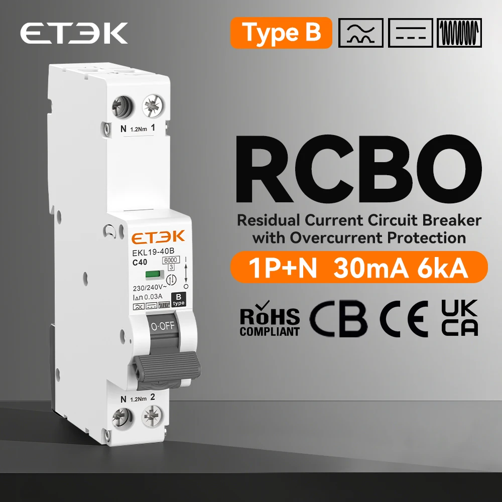 RCBO Type B Overload Leakage Protection 30mA Class B Residual Current Automatic Circuit Breaker 6KA 1P+N 40A Curve C EKL19-40