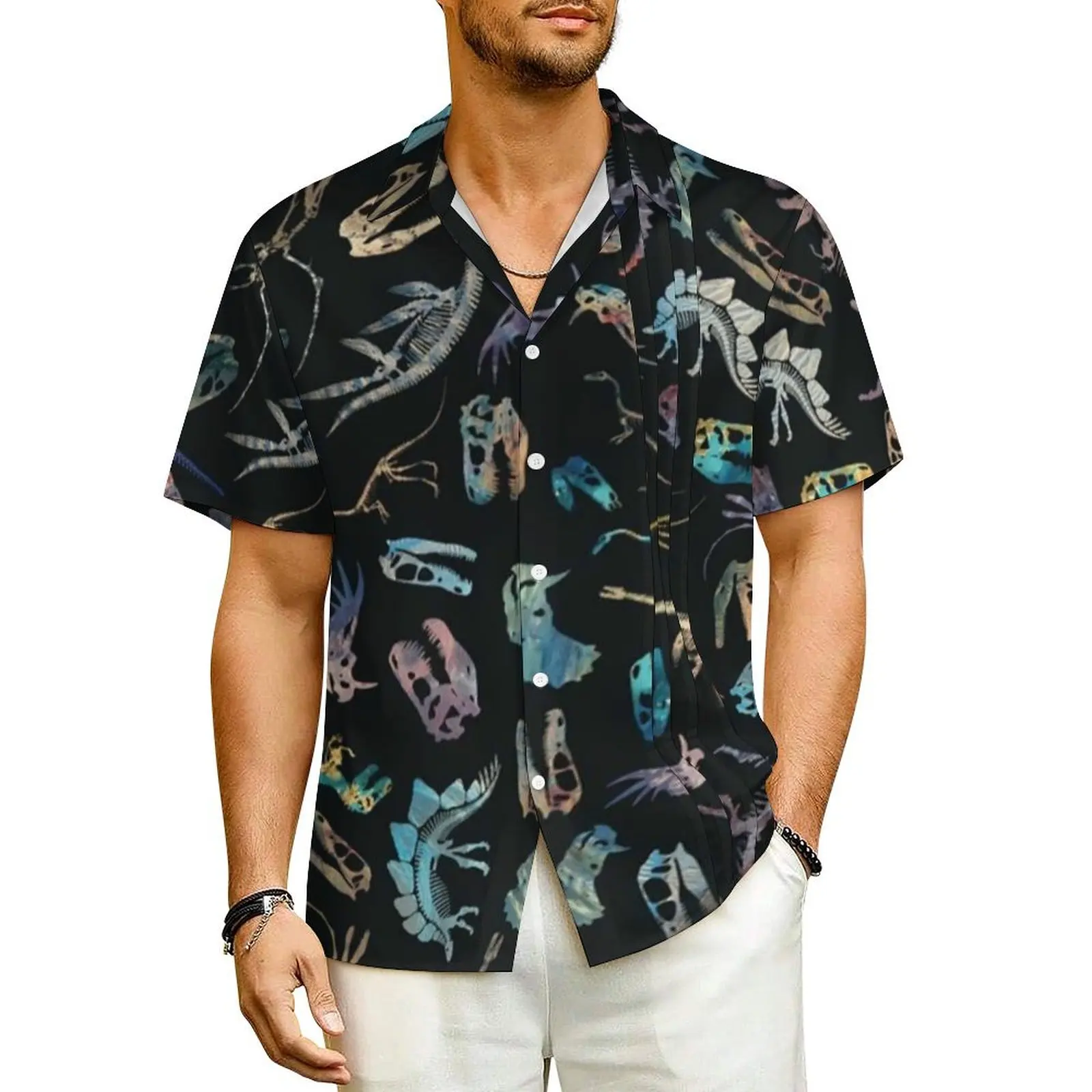 Gothic Fossil Summer Shirt For Man Beach Dinosaurs Skeletons and Skulls Casual Shirts Short Sleeve Streetwear Oversized Blouses