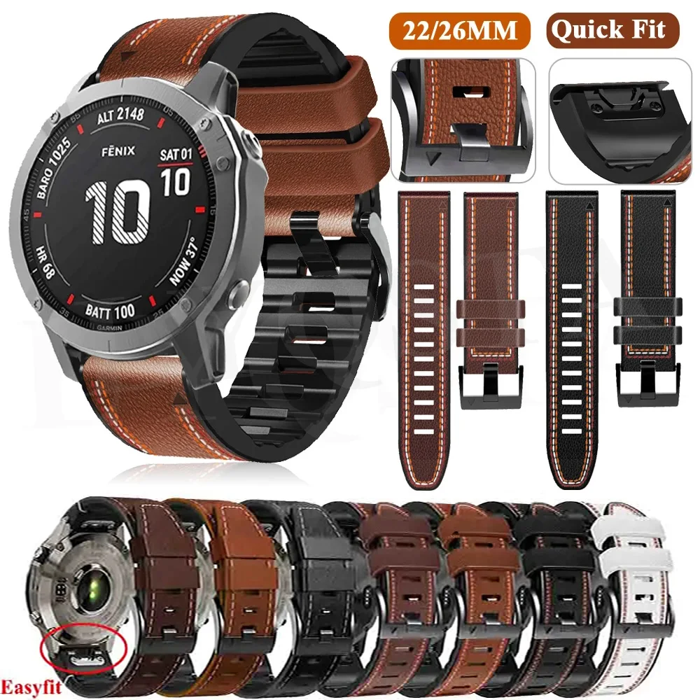 

22 26mm Leather Silicone QuickFit Watch Band Straps For Garmin Fenix 7X 7 5/5X Plus 6X 6 Pro EPIX Smartwatch Wristbands Bracelet