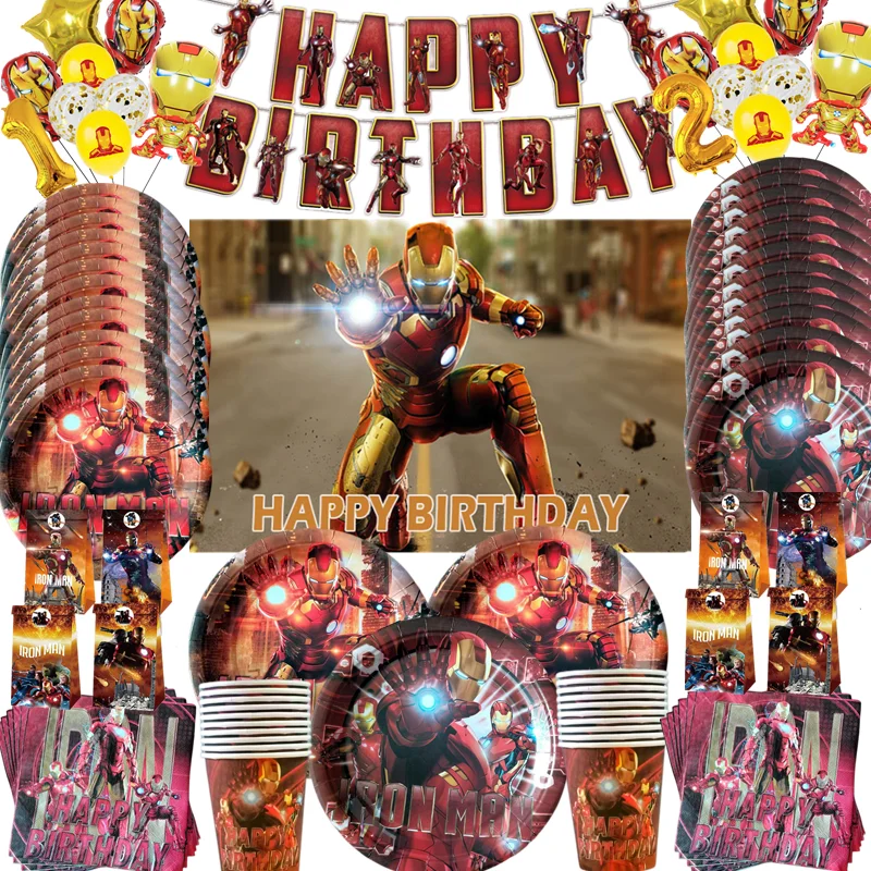 Ensemble de vaisselle pour fête d'anniversaire Avengers Iron Man, gobelets, assiettes, serviettes, nappe, ballons, sacs cadeaux, fournitures, cadeaux