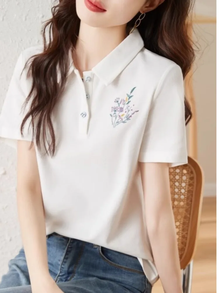 #3358 White Blue Purple Polo Shirts Women Embroidery Floral Loose Office Shirts Female Turn-down Collar Buttons Vintage Summer