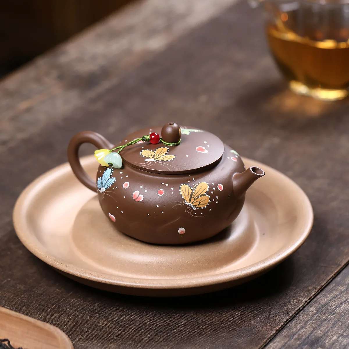 

Handmade Set Yixing Purple Clay Pot Ball Hole Ore Pure Sand Flat Lid Persimmon 150cc