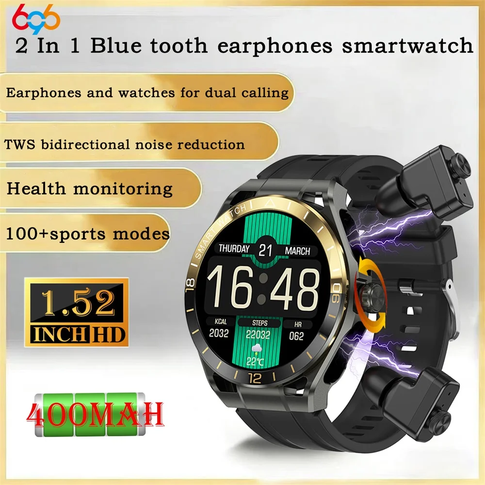 

Умные часы 1,52 дюйма 2-в-1 с функцией Bluetooth-звонков, наушники TWS с шумоподавлением, измерение частоты сердечных сокращений, мониторинг здоровья, спорт, погода, смарт-часы