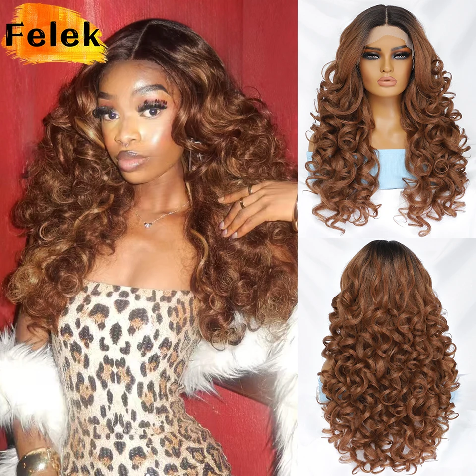 

Brown 13x6 Synthetic Lace Frontal Wig Pre Plucked Lace Front Wig With Babyhair For Women Highlight Ombre Blonde Female Curly Wig