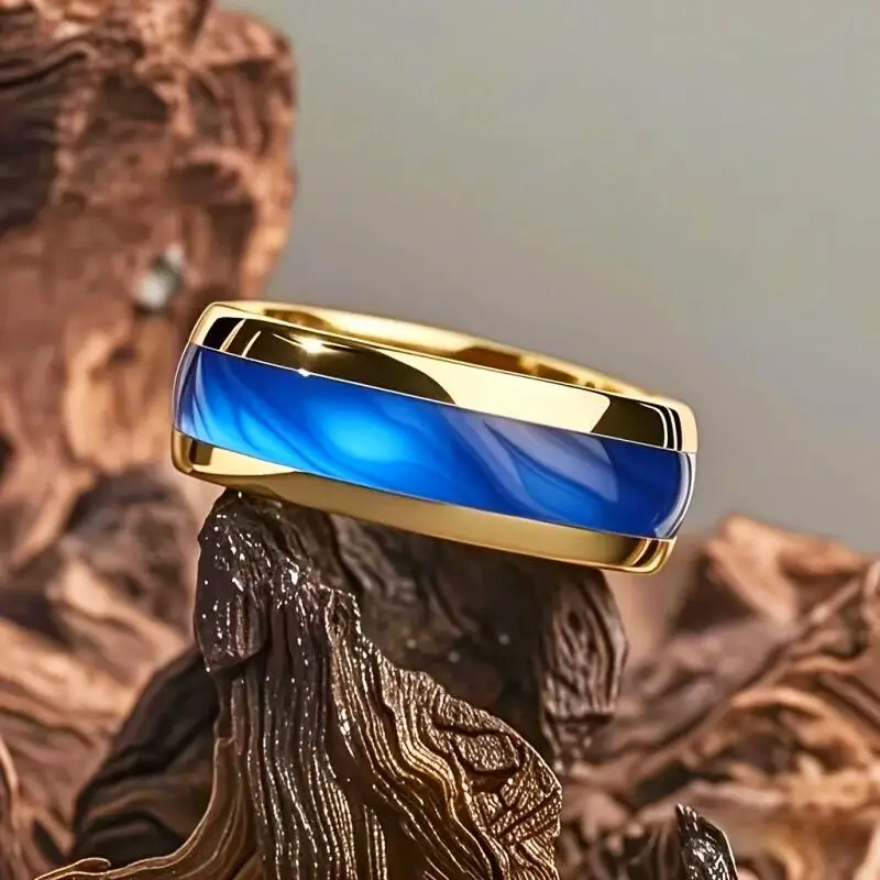 خاتم عصري من الفولاذ المقاوم للصدأ مقاس 8 مم، مرصع بنمط أزرق، تلميع بالتنقيط، بسيط وعصري، مناسب للارتداء اليومي