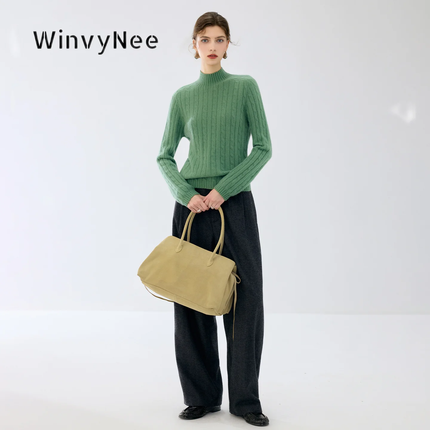 WinvyNee Women Vertical Cable Weave Cashmere Long Sleeve Mock Neck Sweater Knit Top Autumn Winter Thickened Luxury Wear A1944023