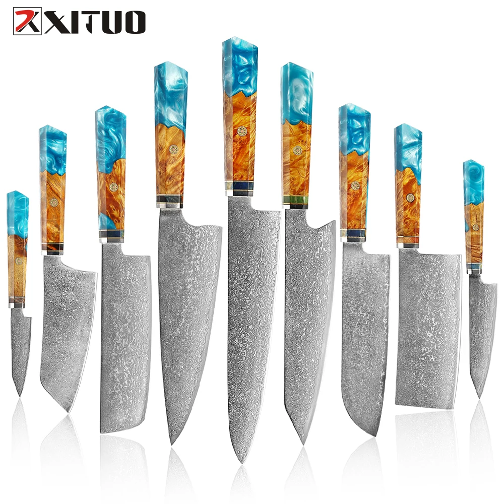 XITUO Kitchen Damascus Knife Set 1-9PC Set Japanese Damascus Steel Chef Knife Santoku Paring Knives Blue resin and wood handle