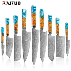 XITUO Kitchen Damascus Knife Set 1-9PC Set Japanese Damascus Steel Chef Knife Santoku Paring Knives Blue resin and wood handle