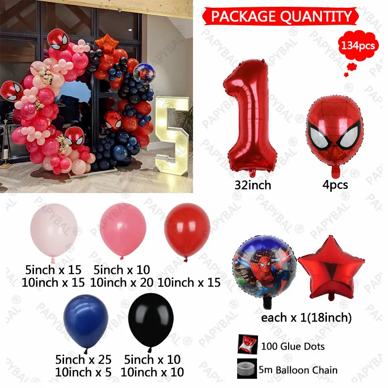 134pcs Marvel Spiderman Head Foil Balloons Arch Garland Kit 32inch 1-9 Number Balloons Baby Shower Kids Birthday Party Decors