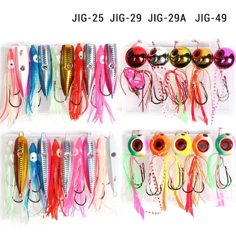 High Quality Lead Head Metal Fish Lure 80g-200g 5 Colors UV Glow Boat Fishing Jig Sea Sinker Artificial Bait Squid Skirt Sets